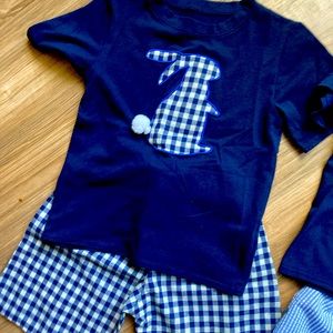 Boys 4T to 5T Easter Short Set with gingham print on shorts and rabbit cut out.